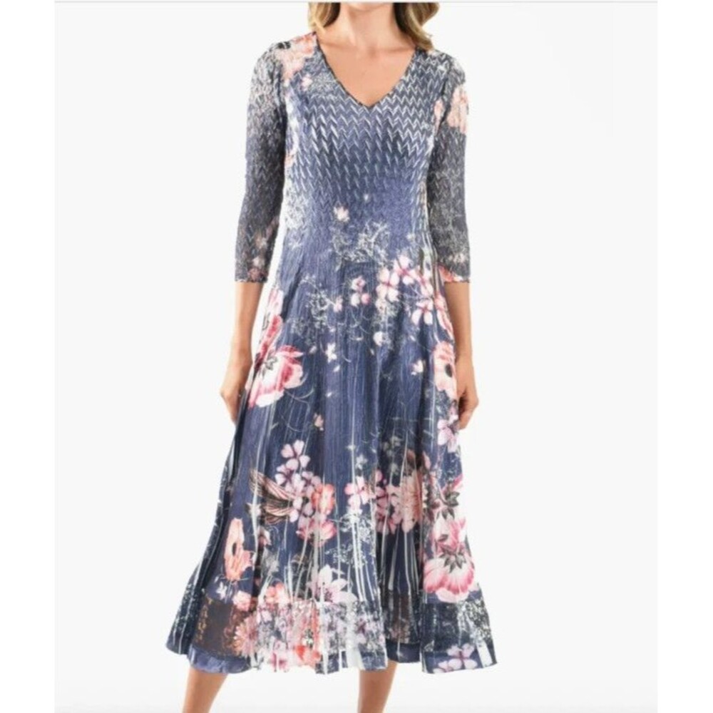 Komarov Lace Sleeve Charmeuse Midi Dress XL Multicolor  Fit Flare Crinkle Floral